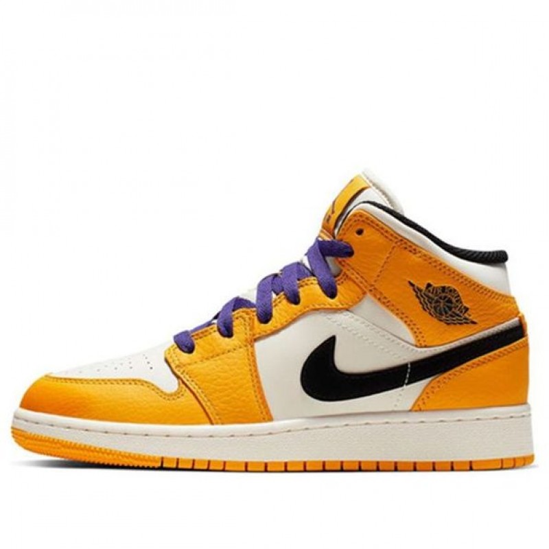 Air Jordan 1 Mid'Lakers' GS University Gold/Pale Ivory-Court Purple-Black BQ6931-700