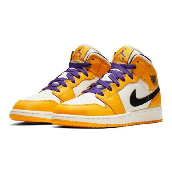 Air Jordan 1 Mid'Lakers' GS University Gold/Pale Ivory-Court Purple-Black BQ6931-700